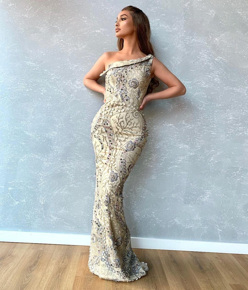 One Shoulder Beige Adorned Dress
