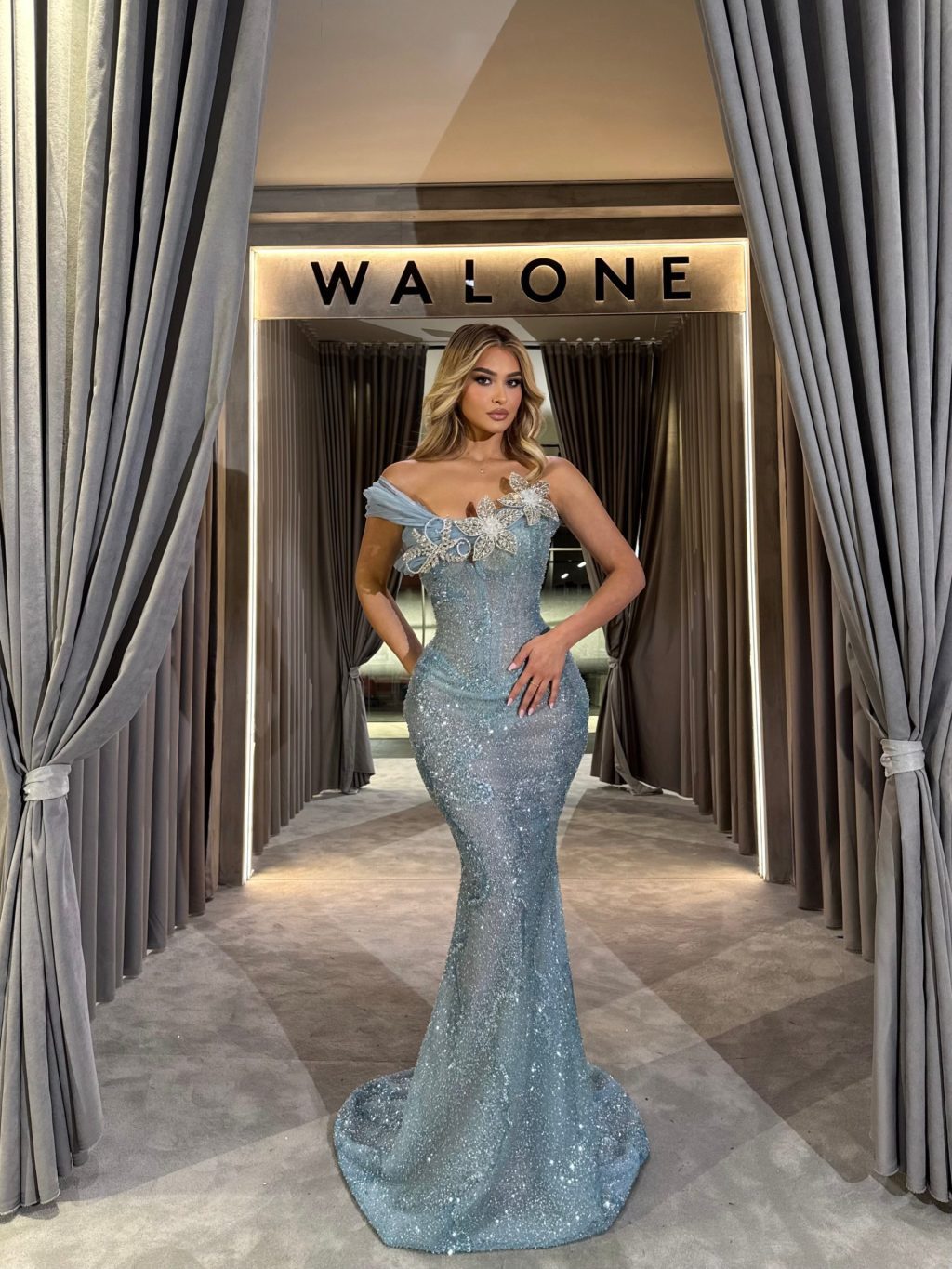 Blue Crystal Bloom Mermaid Gown