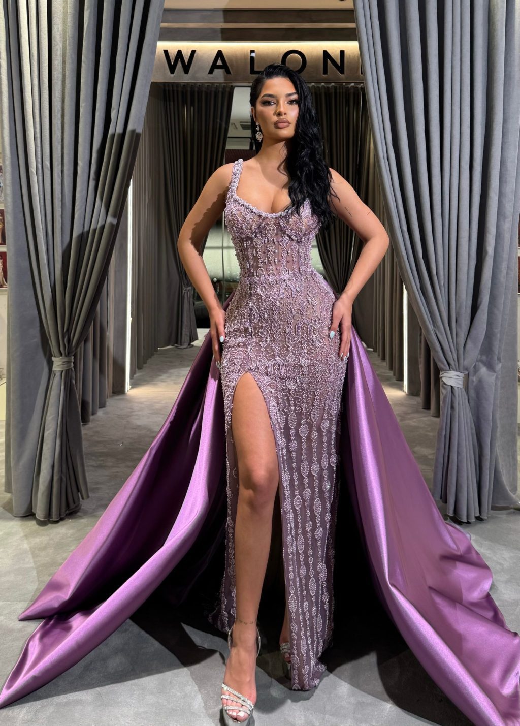Lilac Beaded Slit Gown with Overskirt