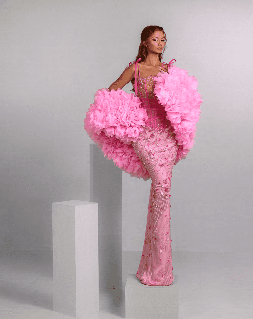 Embellished Pink Gown with Detachable Floral Organza Sleeves