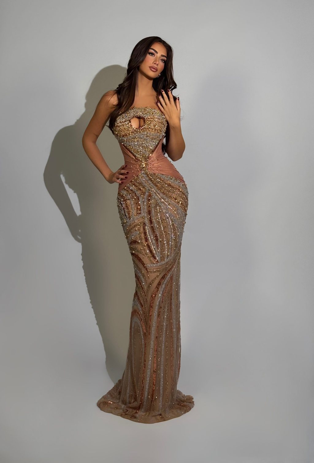 Dionara - Strapless Beaded Corset Gown with Swirl Motif and Center Cutout