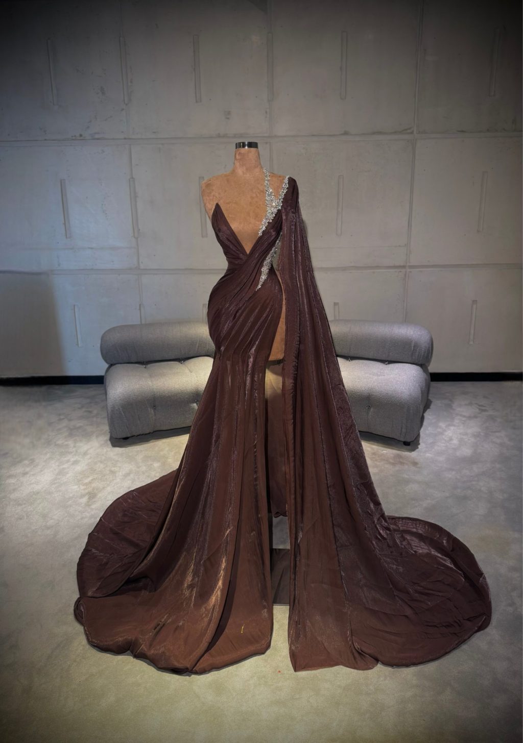 Layla - Brown Draped Gown with Crystal Detailing
