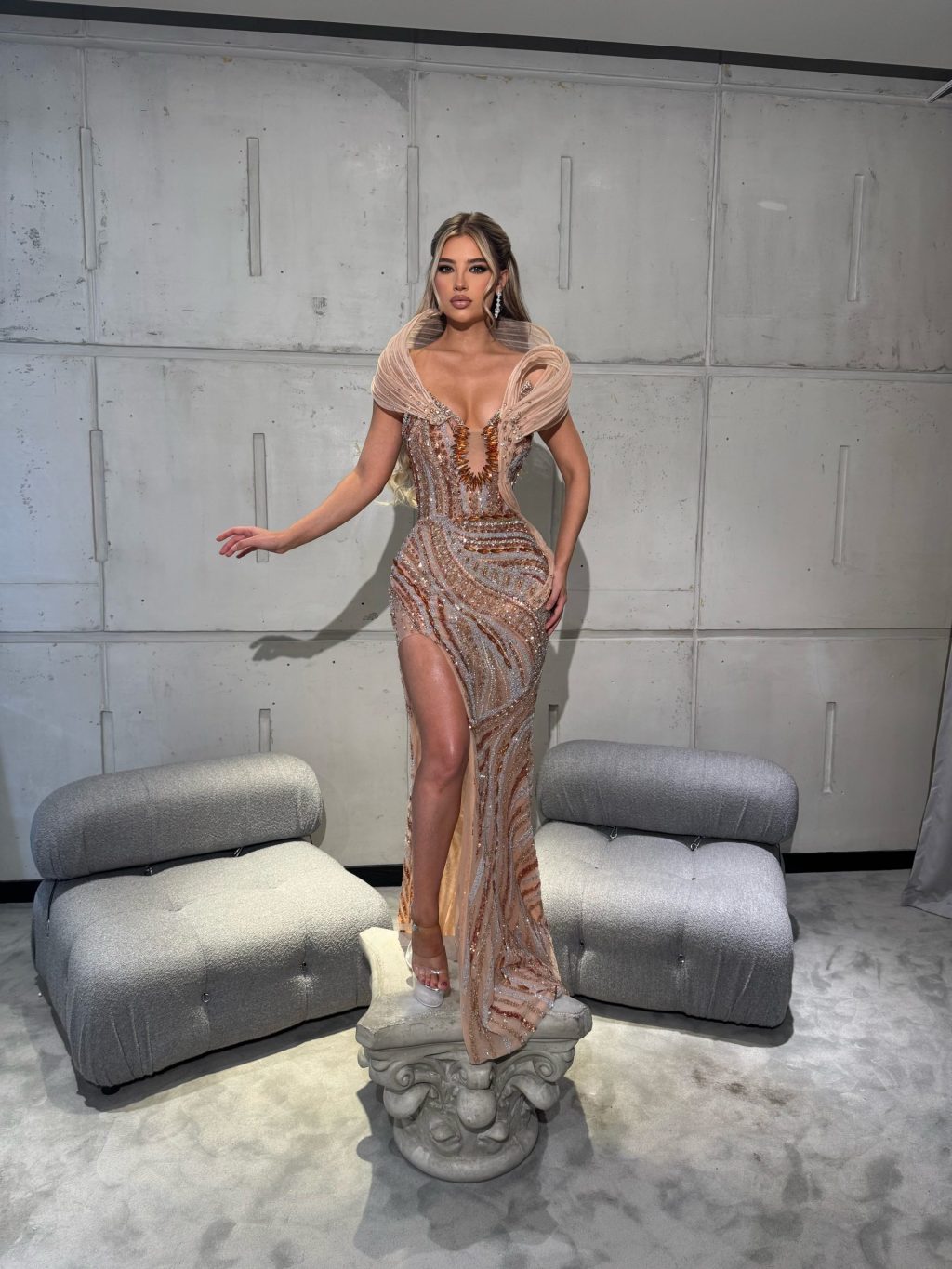 Nude Dress with Peach Embellishments and Pleated Neck Detail