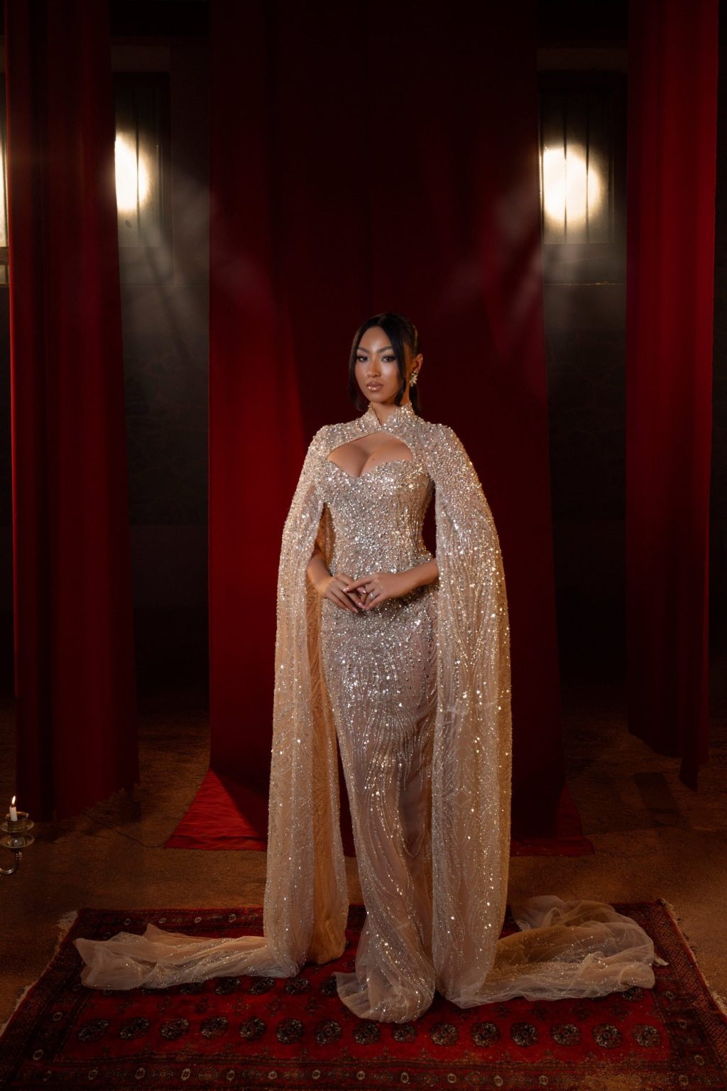 Elssa - Gold Sequin Cape Sleeve Gown