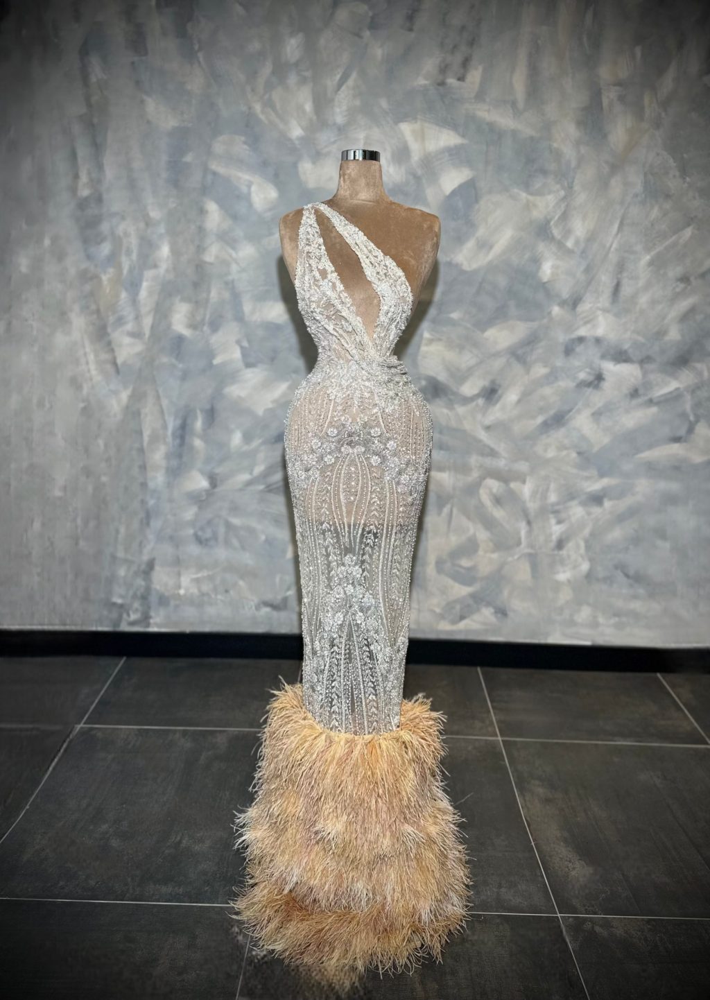 Nerisse - One Shoulder Crystal Feathered Gown