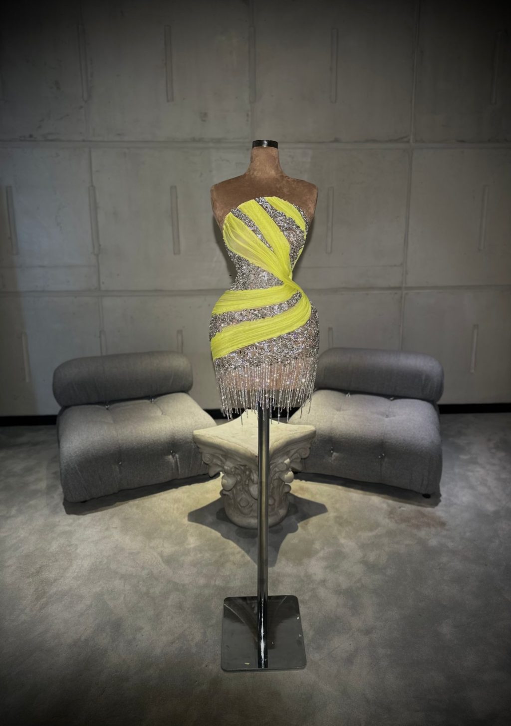 Laria - Silver & Neon Yellow Mini Dress with Fringe