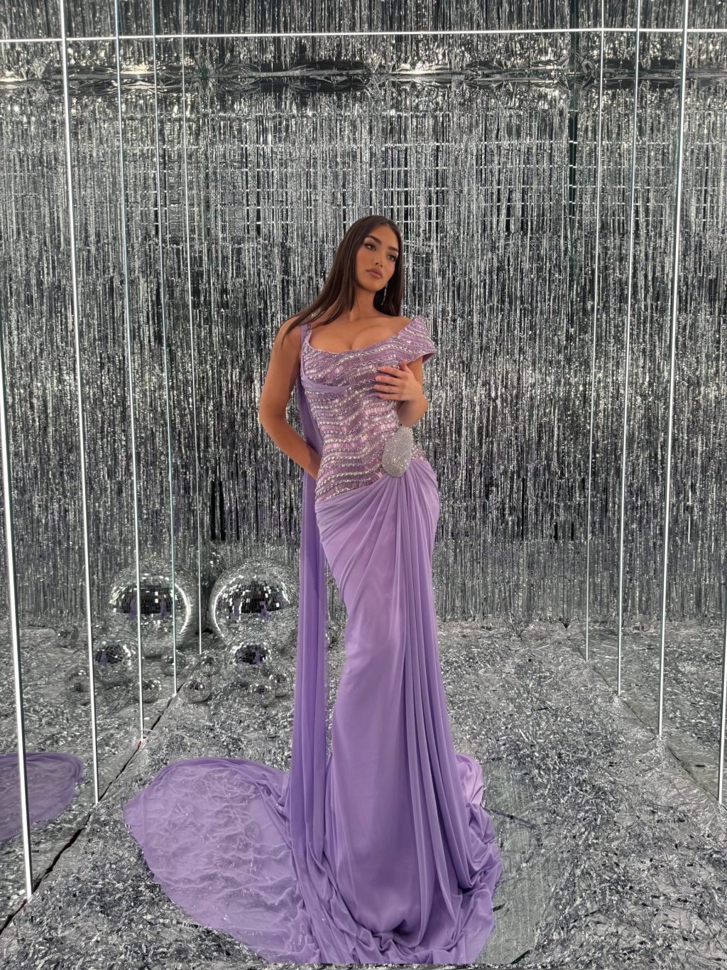 Elara - Lavender Draped Crystal Gown