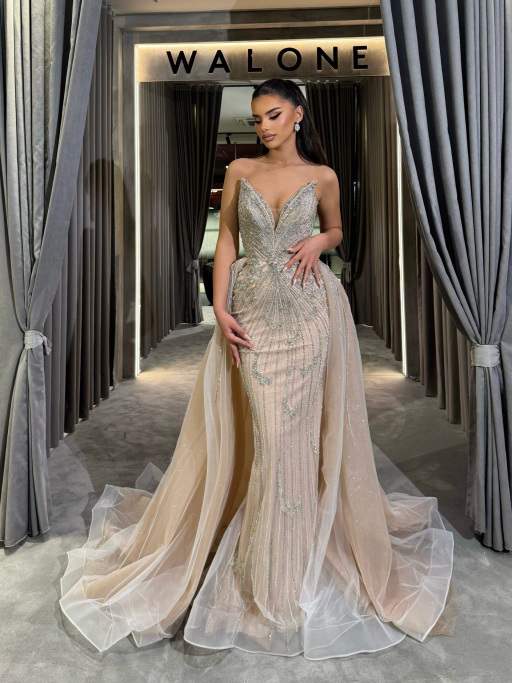 Long Dress with Deep V Neck and Glitter Tulle Layers