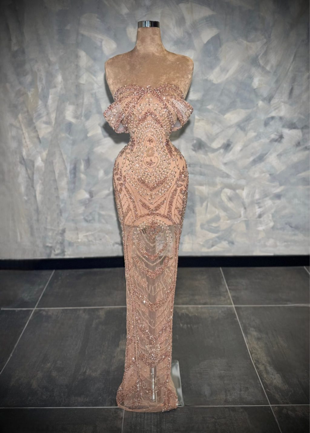 Aymeline - Off shoulder blush pink beaded gown