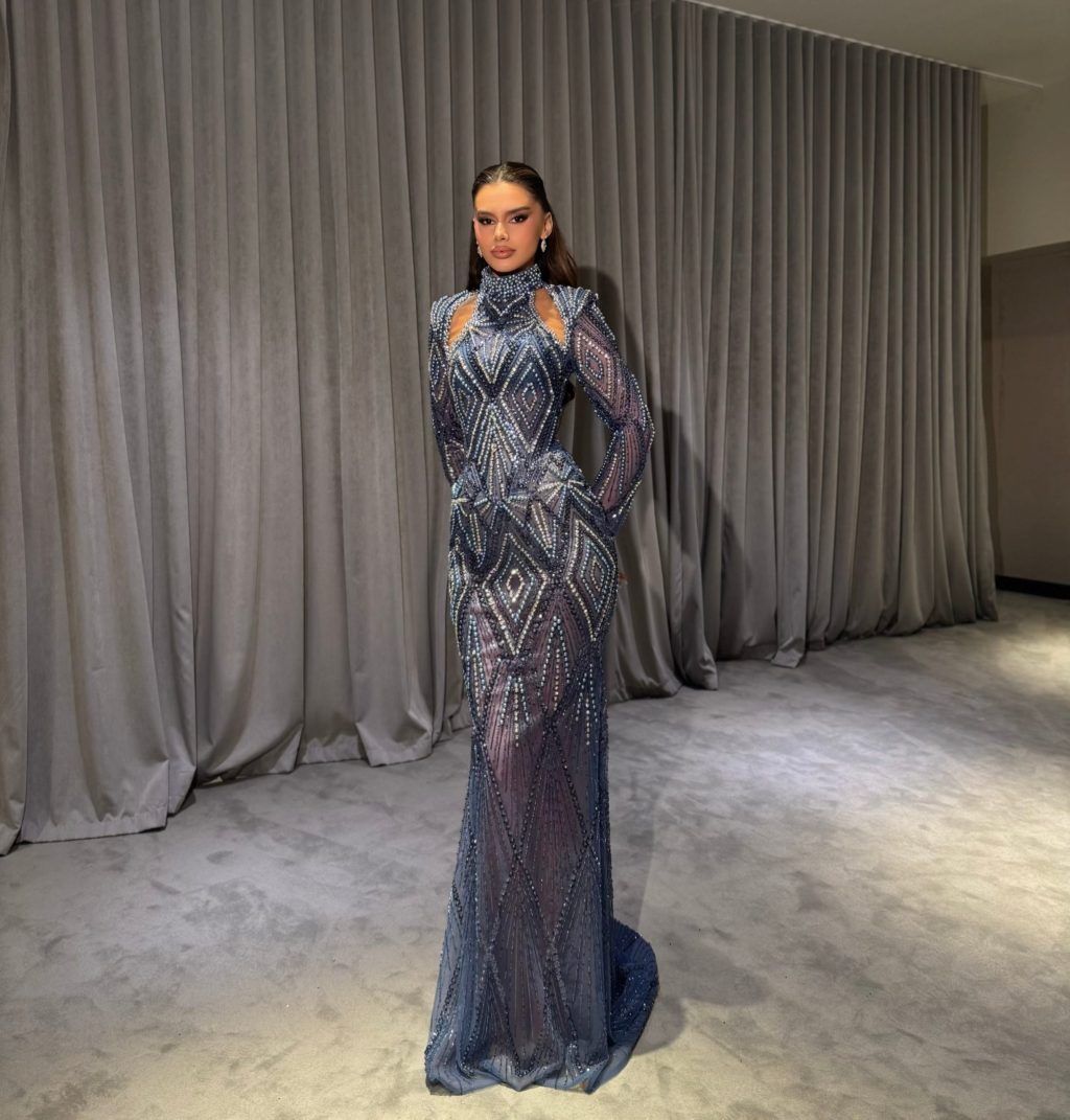 Elarya - Cut-Out Beaded Long Sleeve Gown