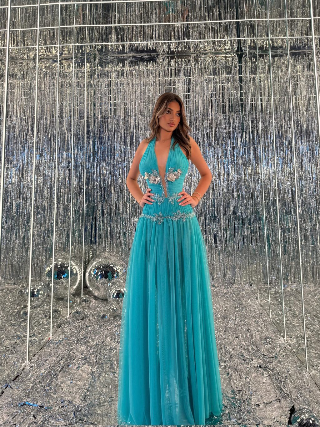 Aylin - Turquoise Halter Crystal Gown