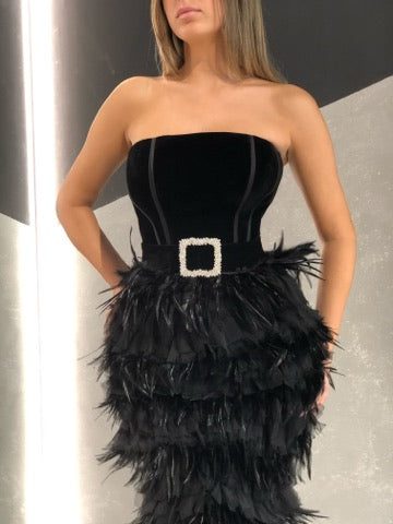 Strapless Black Feathered Dress