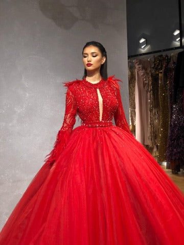 Red Tulle Gown with Embellished Bodice