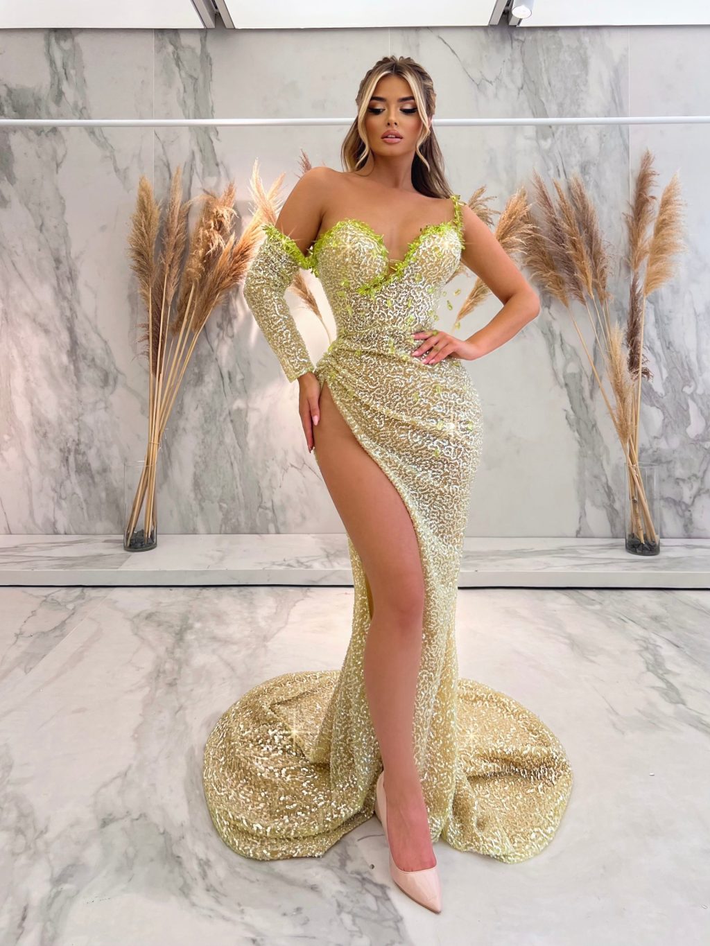 One Shoulder Green Shimmering Dress