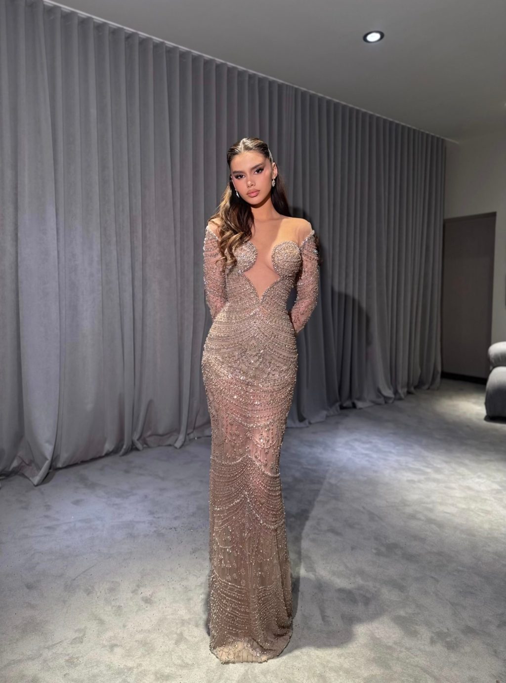 Amèla - Long Sleeve Cut-Out Crystal Gown