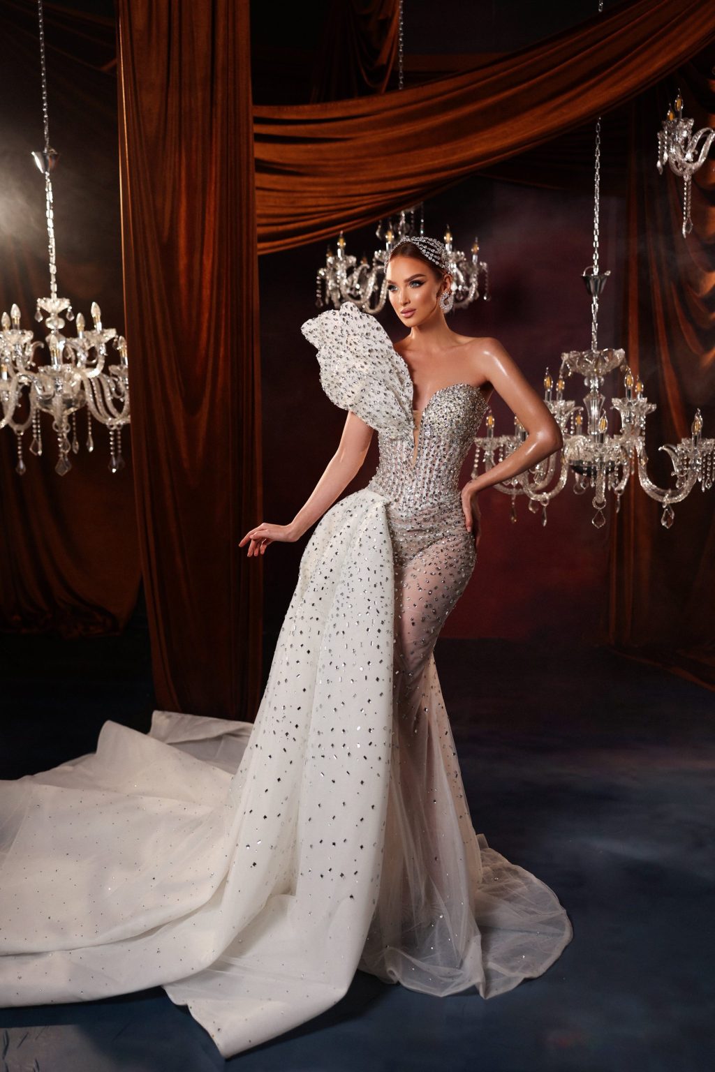 One-Shoulder Crystal Gown with detachable train