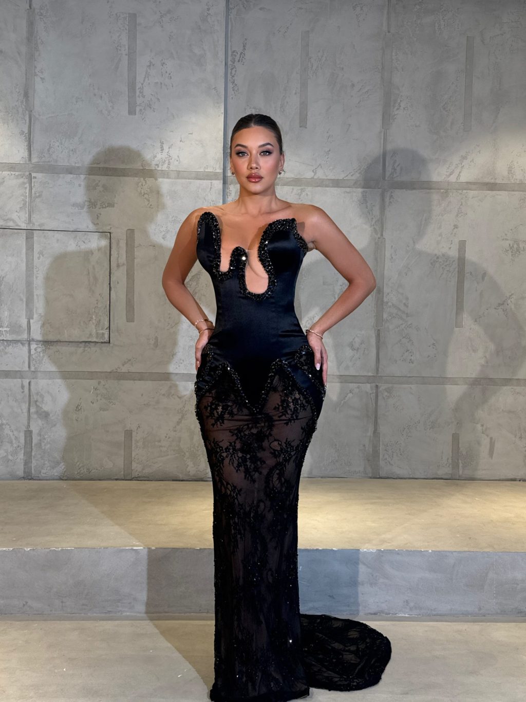 Velmira - Strapless Beaded Black Gown