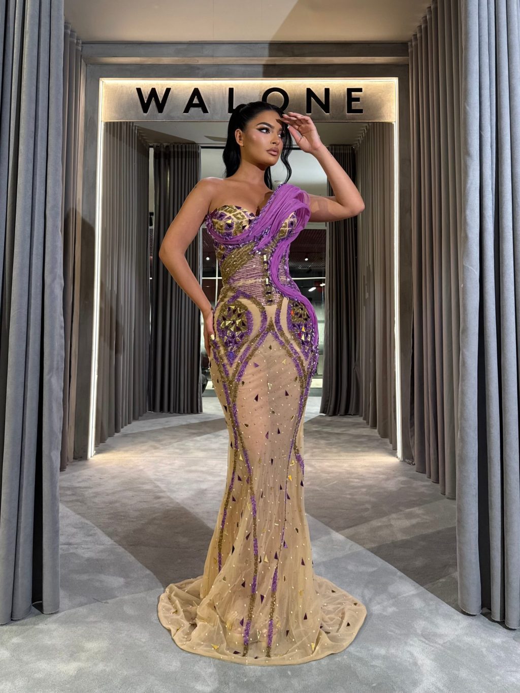 Nude Dress with purple & gold detailing