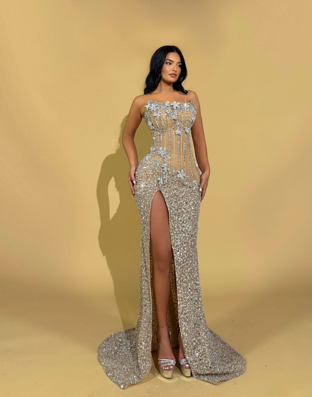 Strapless Sequin Gown with 3D Flowers and Slit