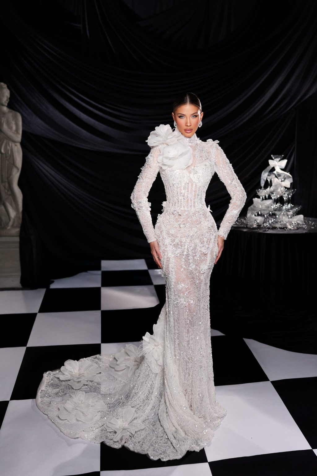 Long Sleeve Floral Lace Wedding Gown