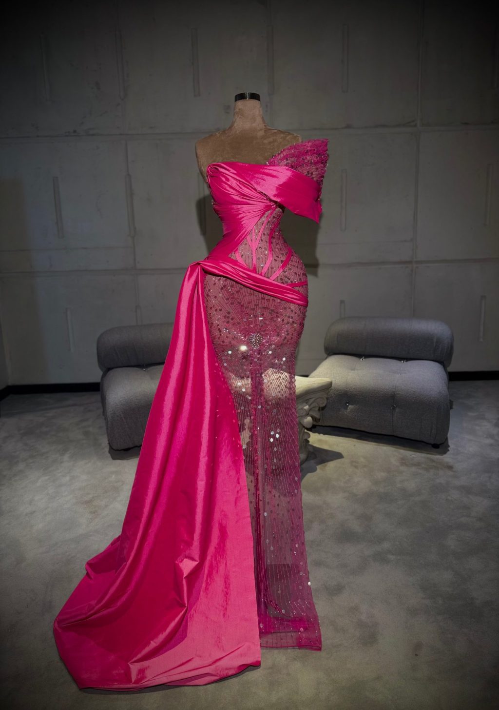 Manná- Fuchsia Draped Sequin Gown