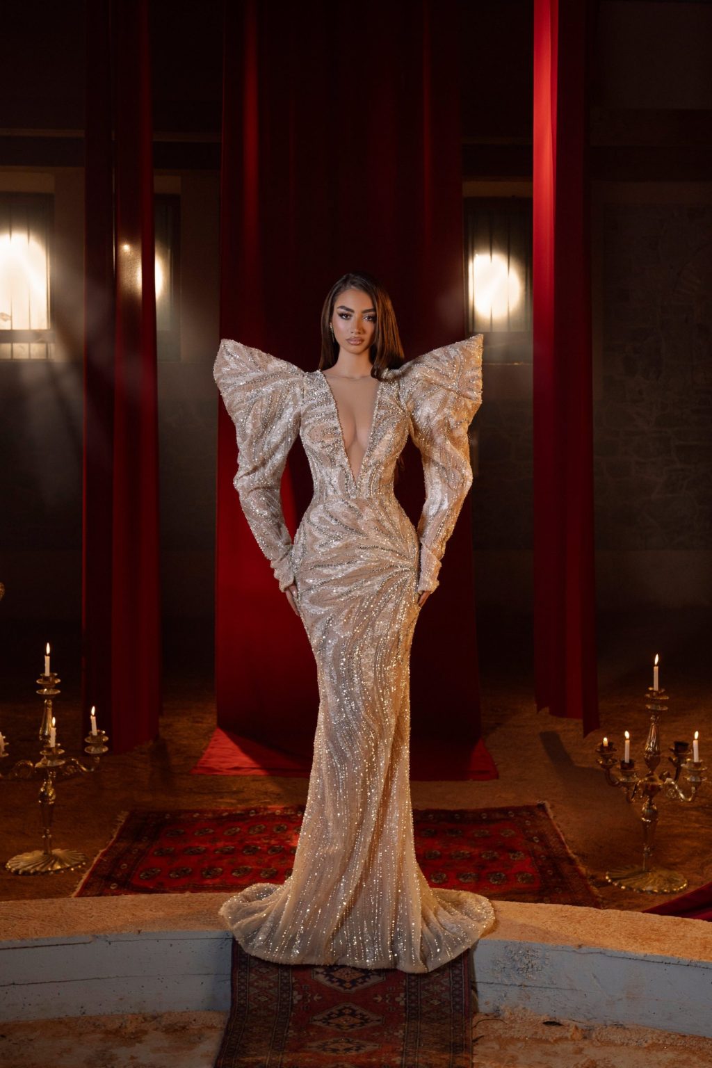 Arta - Plunge Shoulder Sequin Mermaid Gown
