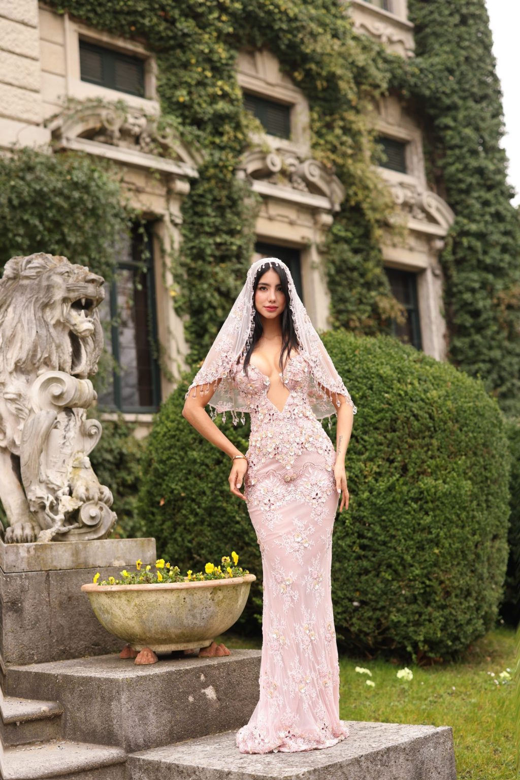 Bellaria - Embellished Deep V Lace Gown