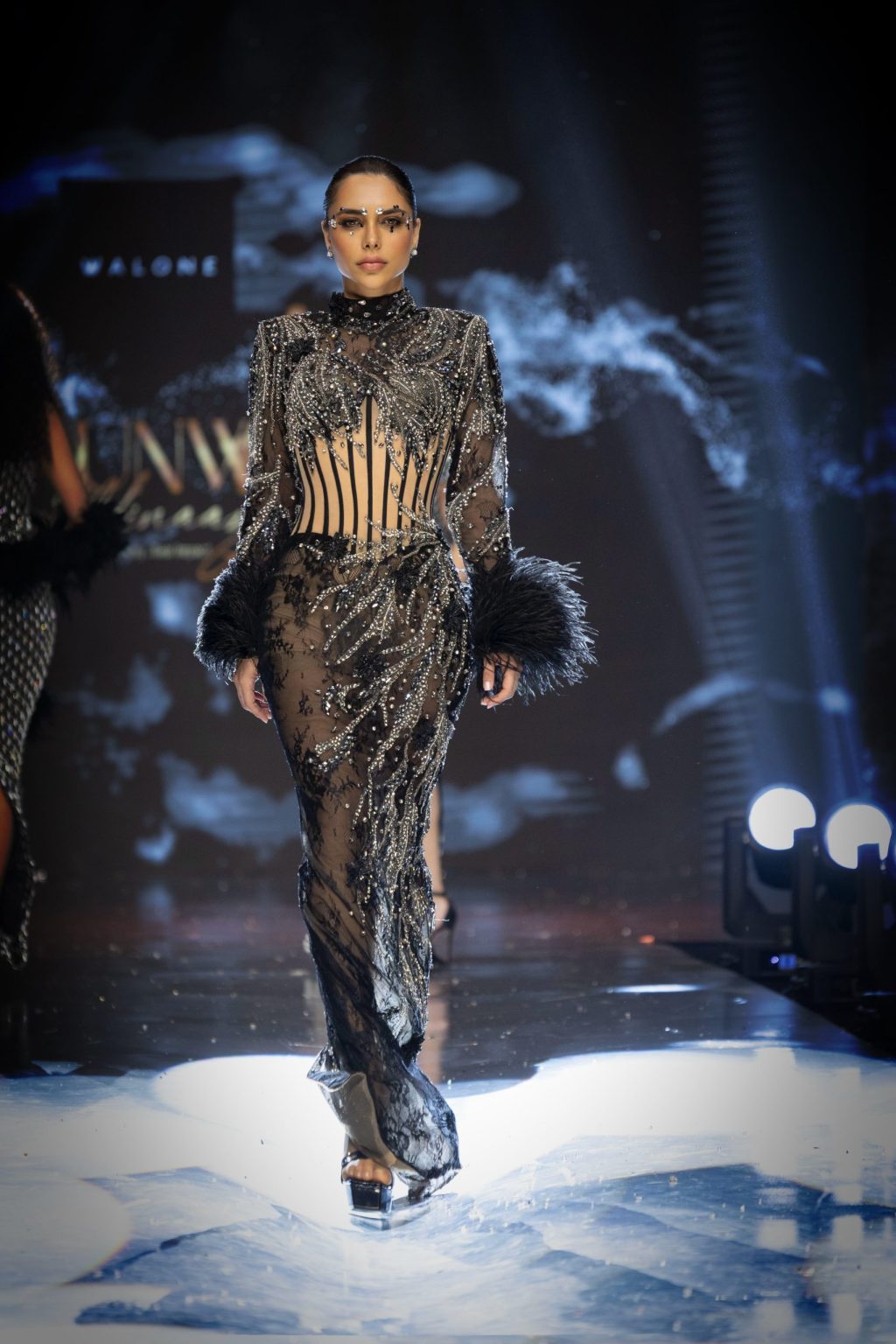 Loana - Feather Cuff Lace Gown