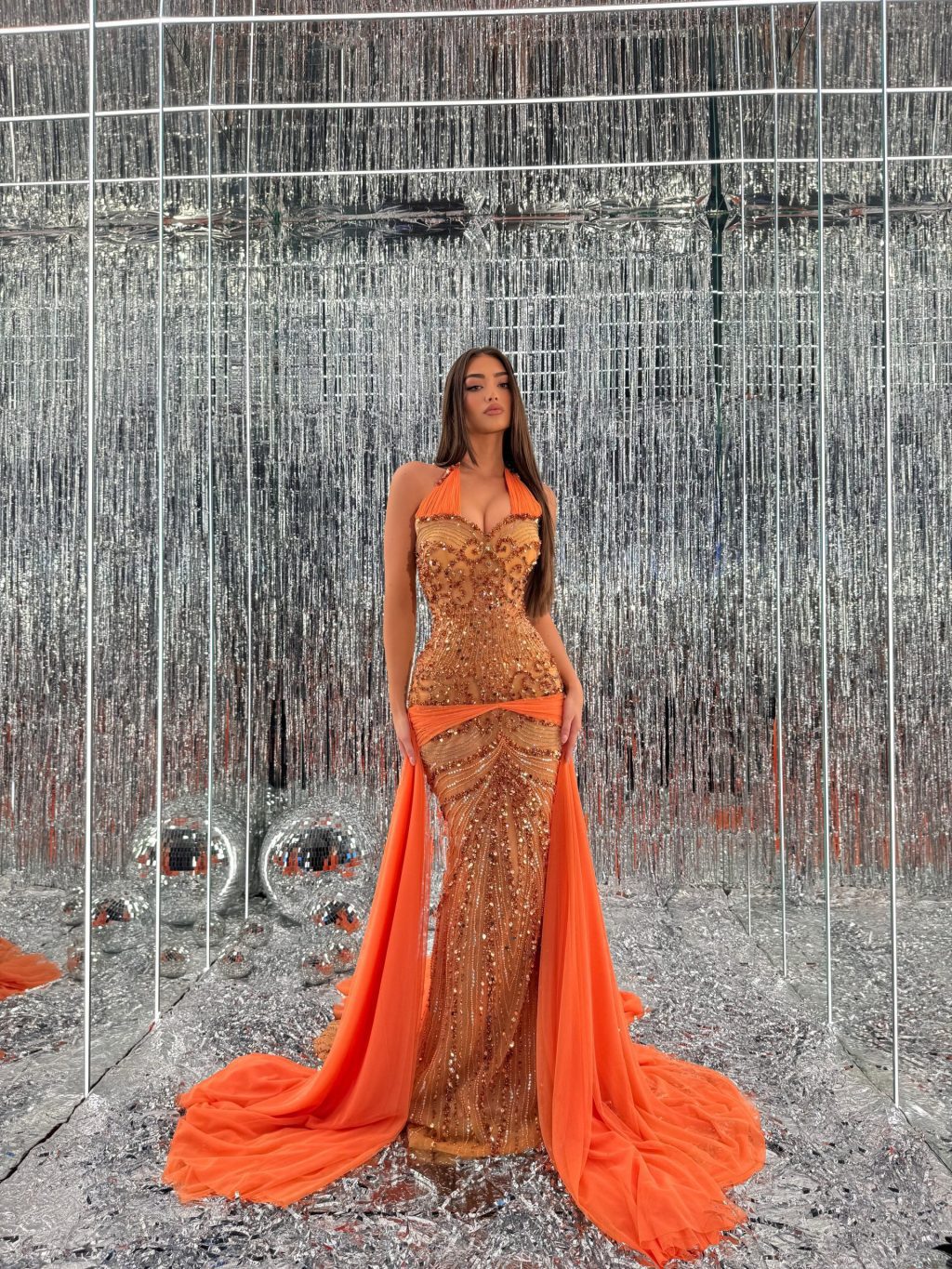 Ariana - Orange Embellished Halter Gown with Draped Chiffon Panels