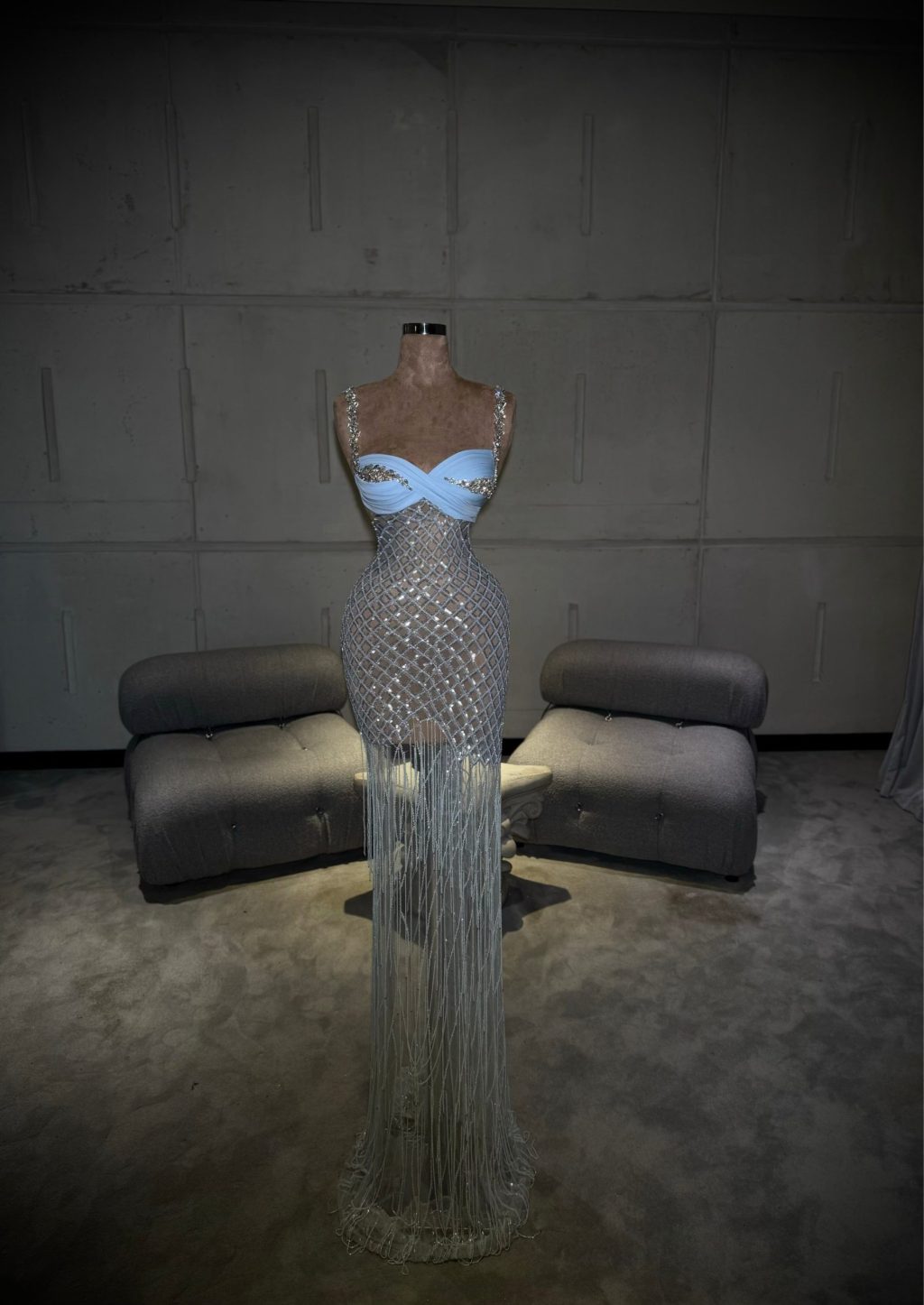 Marielle - Silver Beaded Fringe Gown