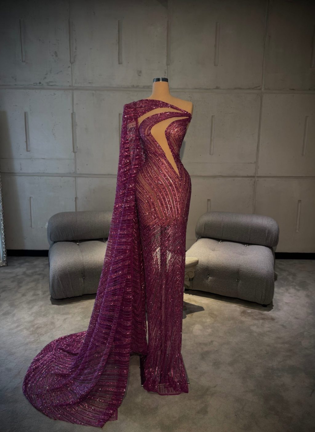 Alea - Magenta One Shoulder Embellished Gown