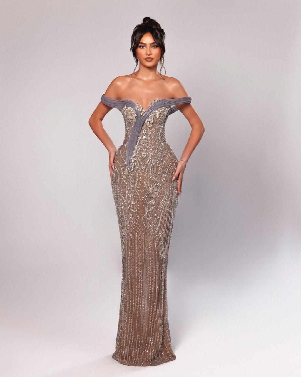 Off shoulder crystal embellished dress