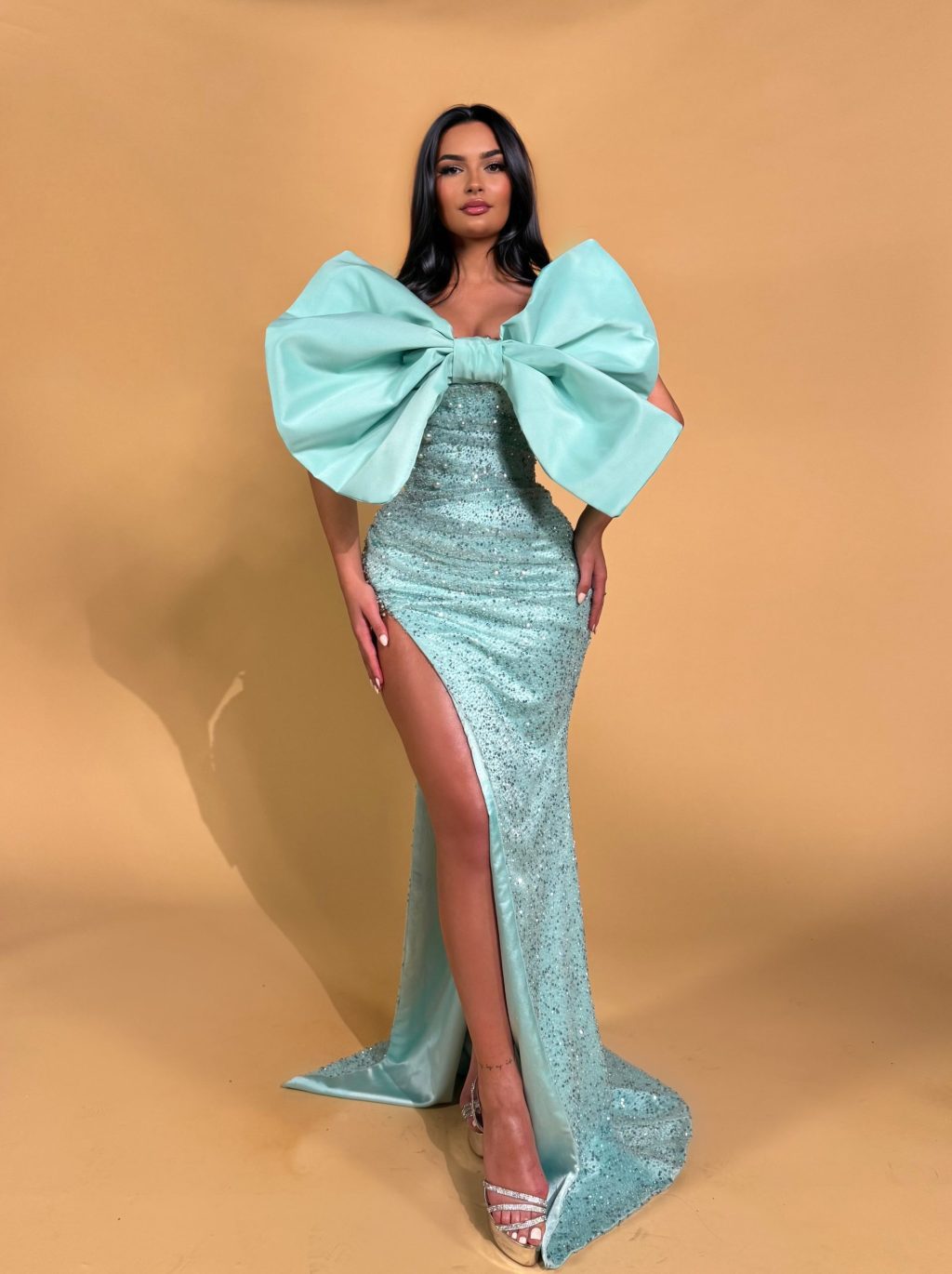 Crystal Embellished Strapless Gown with Oversized Satin Bow