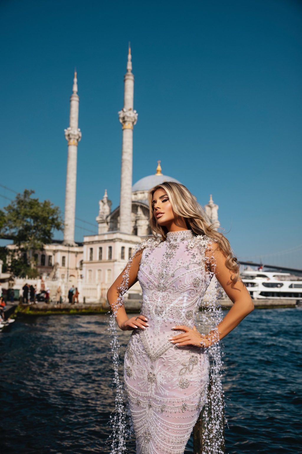 Maxi White Lace Dress with Pearl Tassels