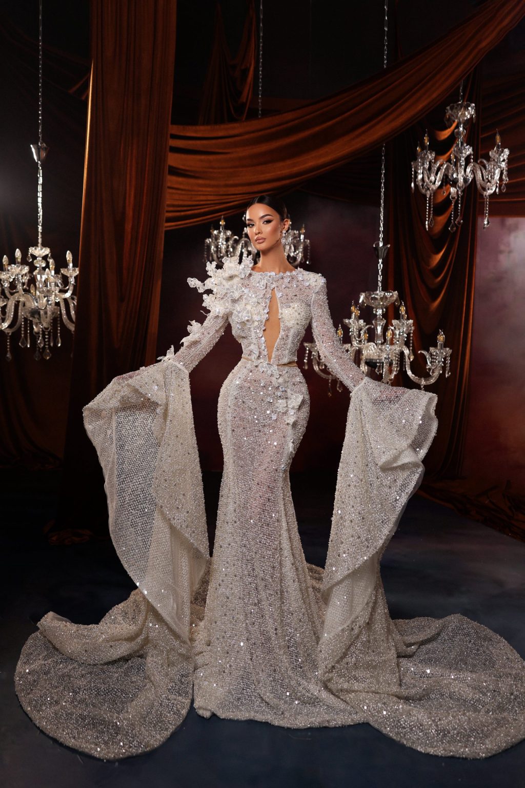 Sequin Mermaid Gown with Bell Sleeves & Train