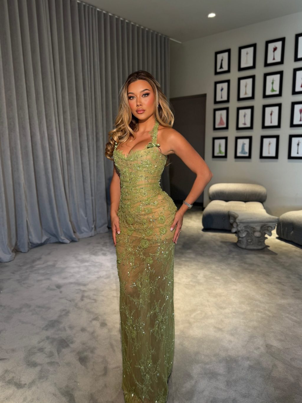 Lenna - Olive lace gown