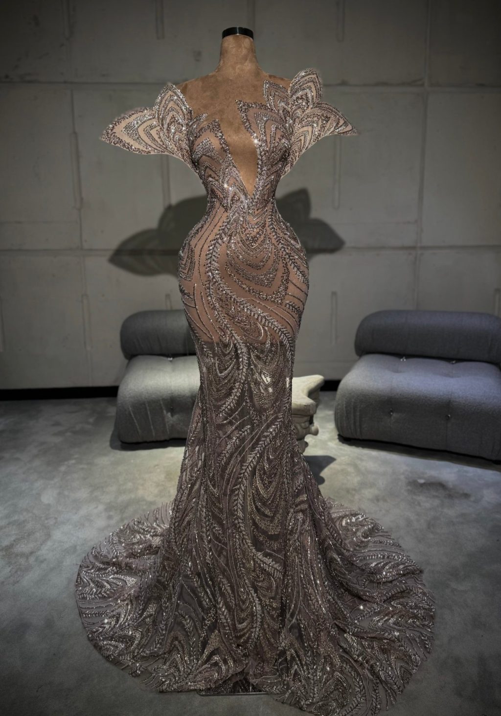 Avelina - Nude Silver Beaded Mermaid Gown