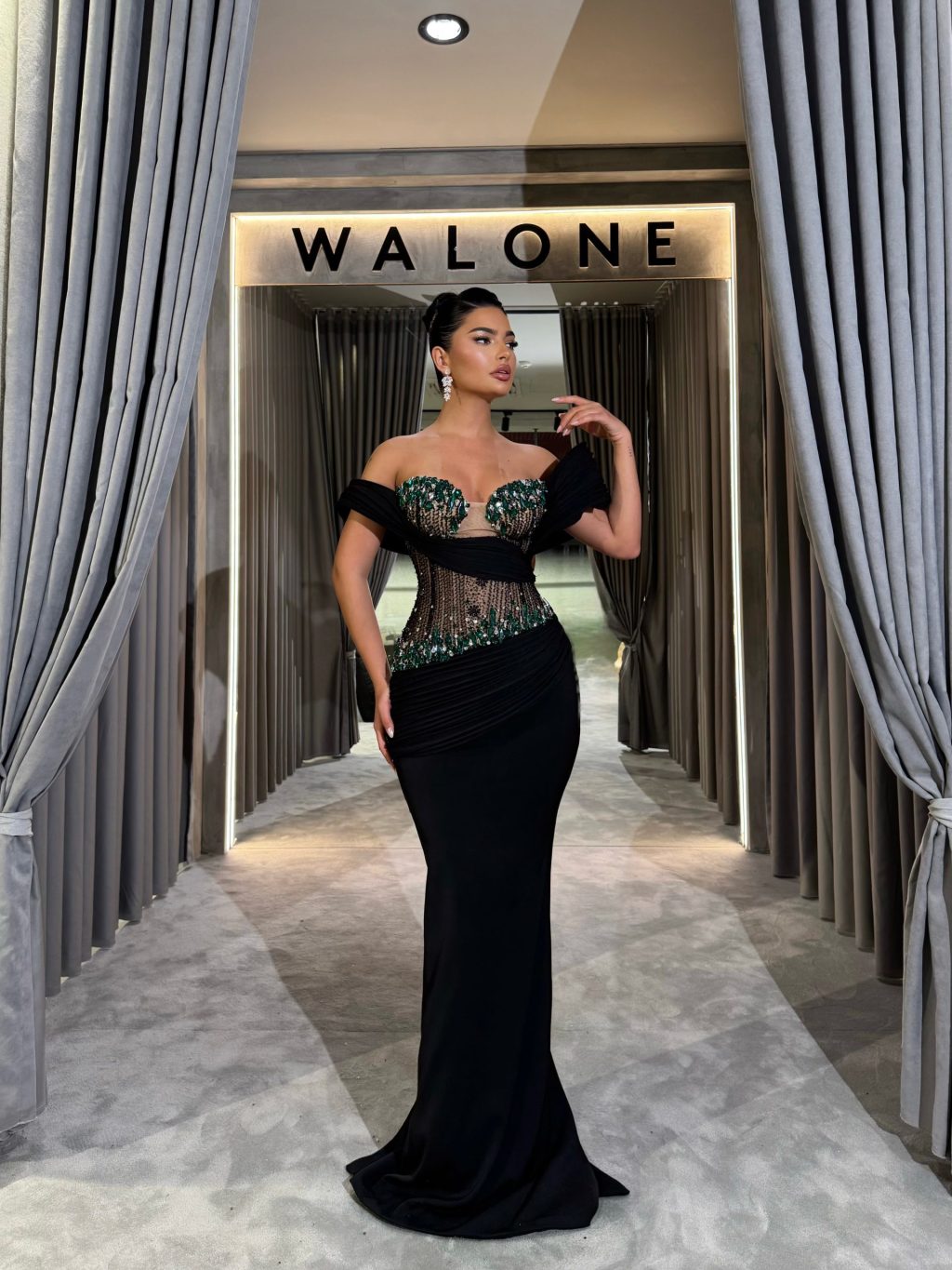 Off Shoulder Black Gown with crystal embellishments