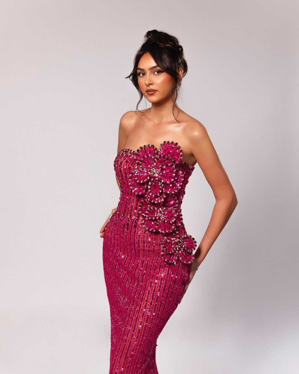 Strapless Dress with 3D Floral Embellishment