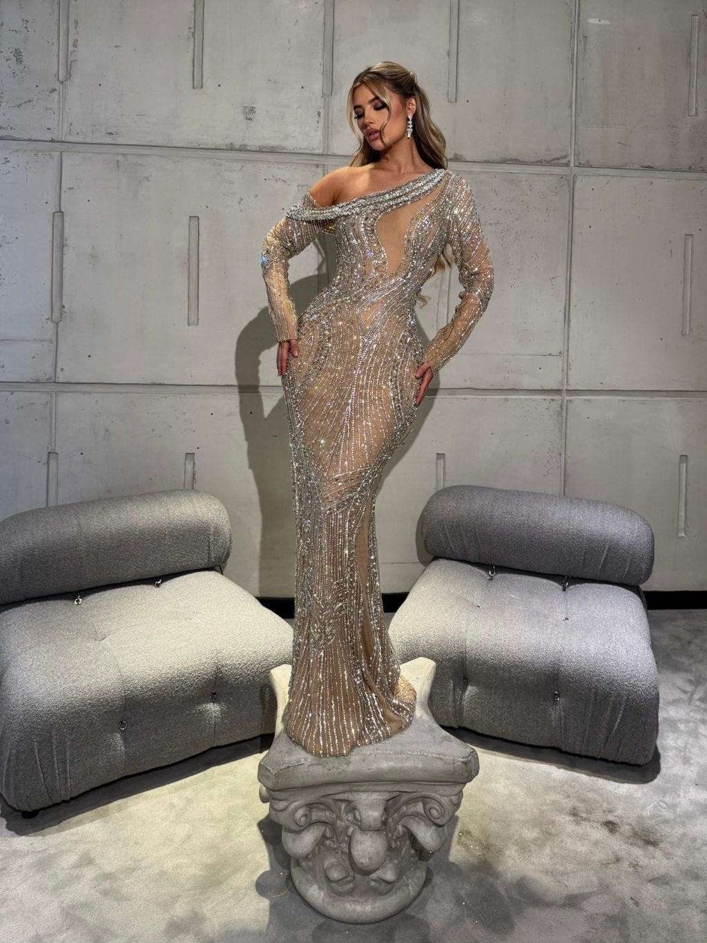 Silver Sequined Gown with Asymmetrical Neckline