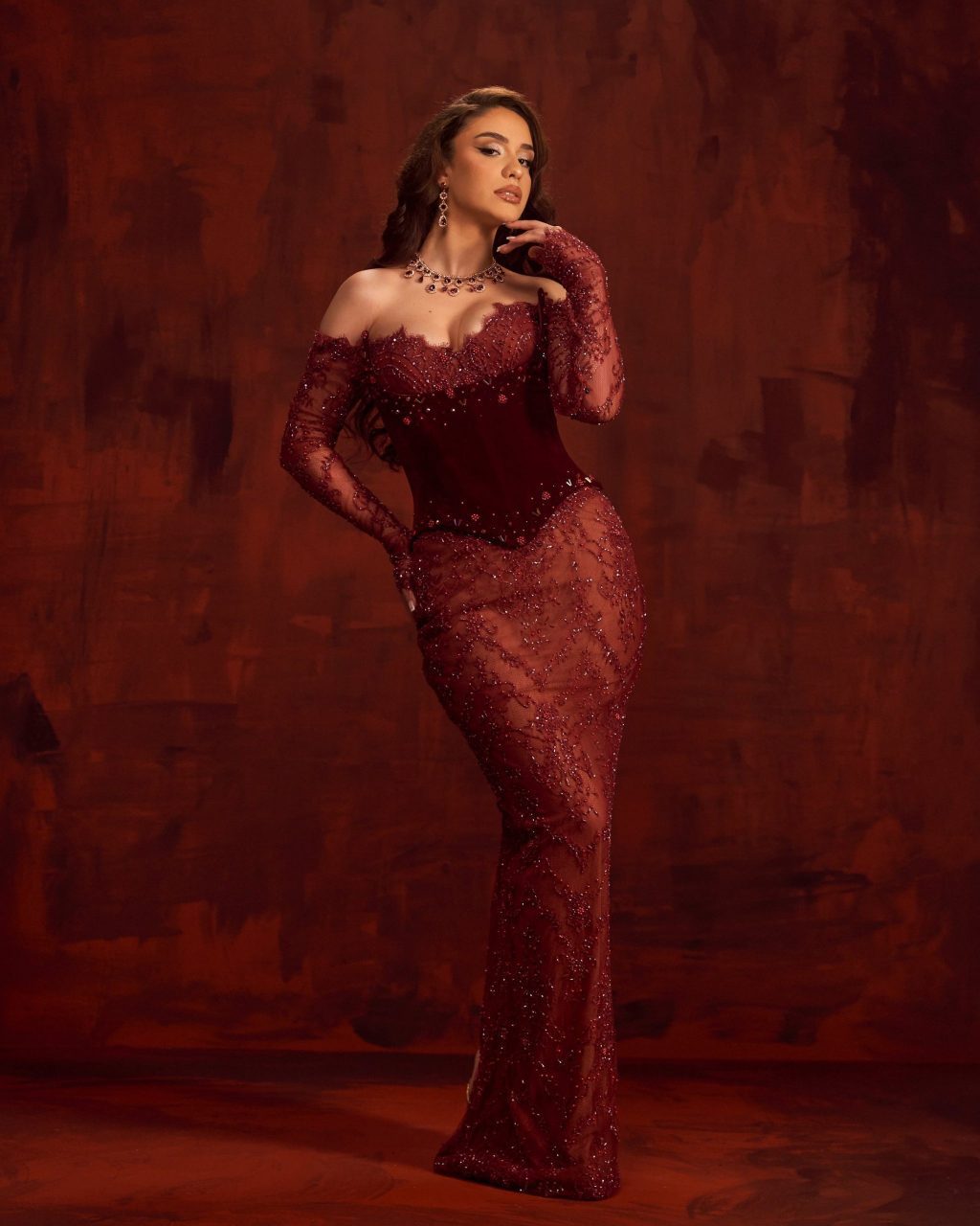 Auralyn - Burgundy Lace Embellished Gown