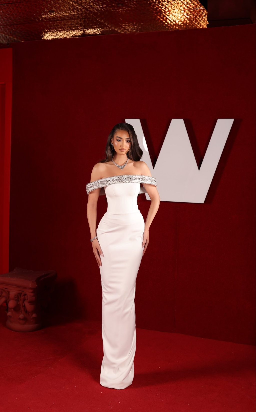 Neya - Off Shoulder Crystal Trim Gown
