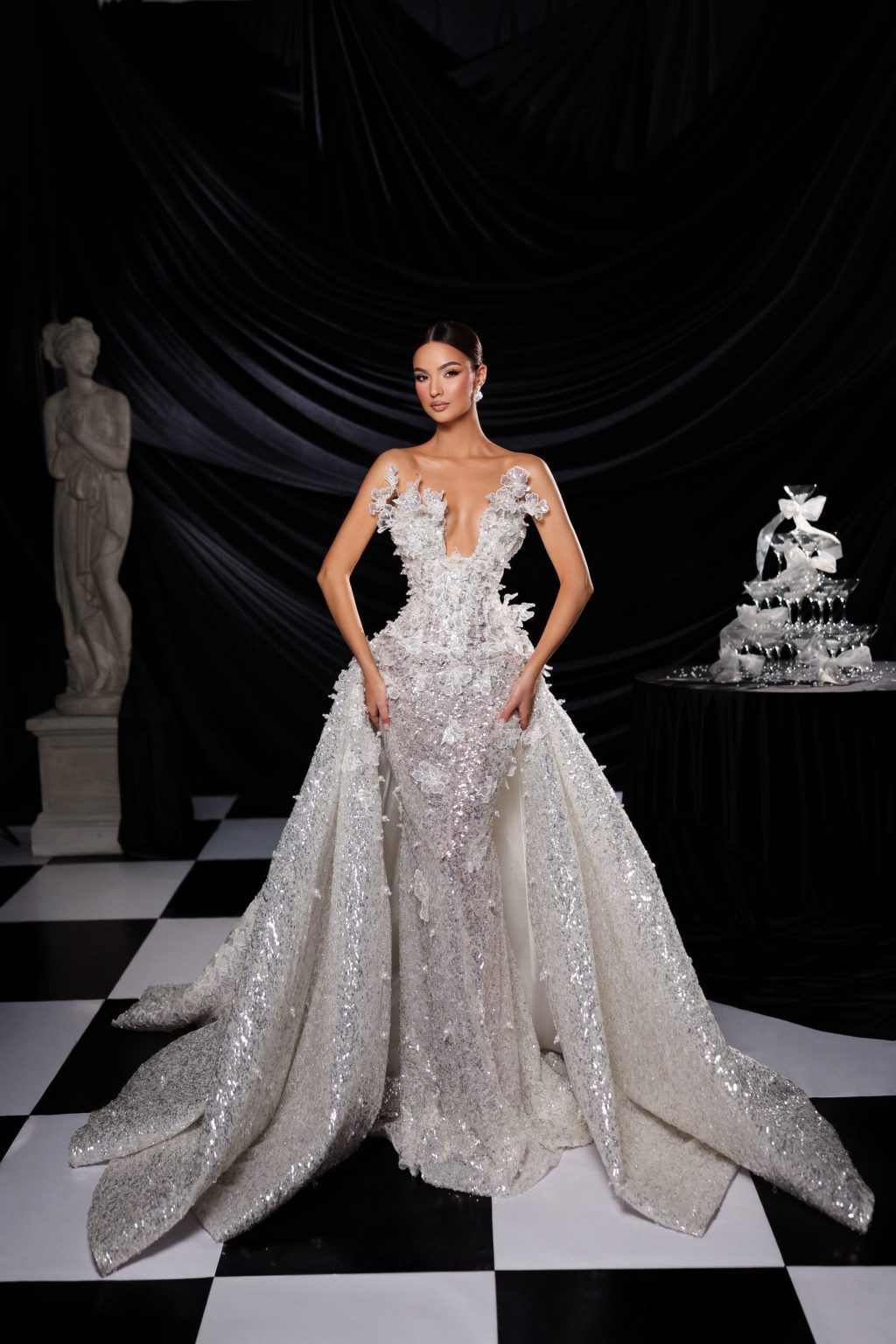 Strapless floral bridal gown with detachable cape