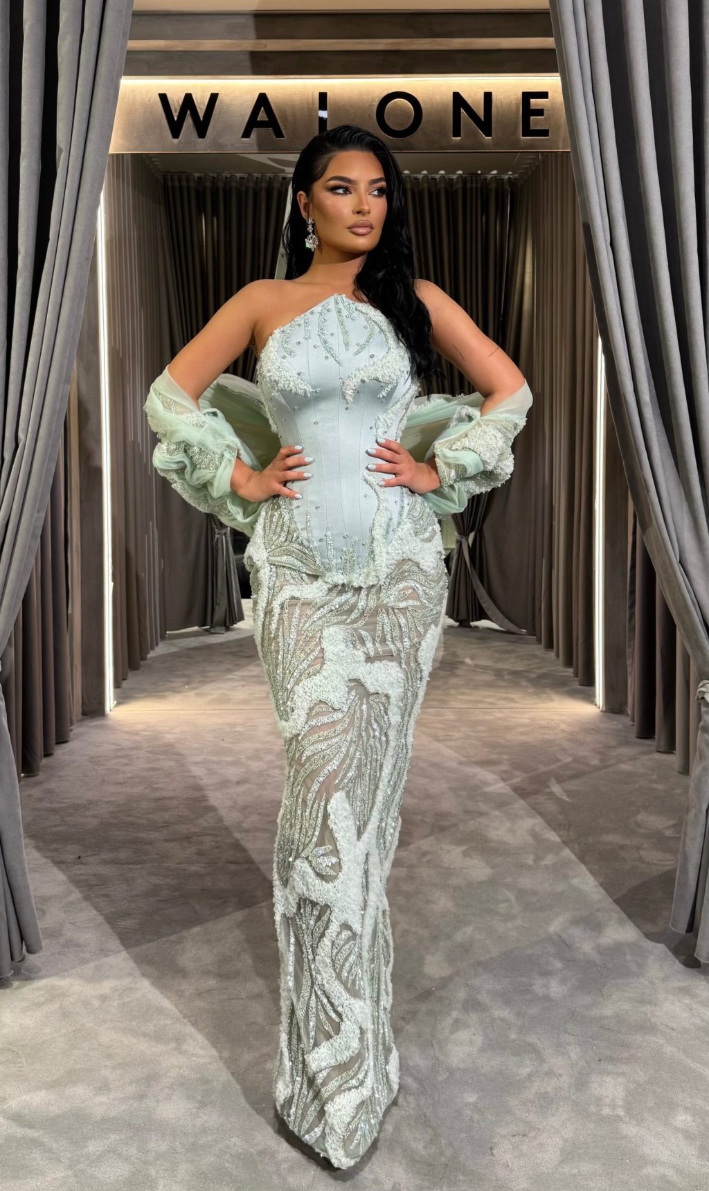 Strapless Mint Corset Beaded Gown