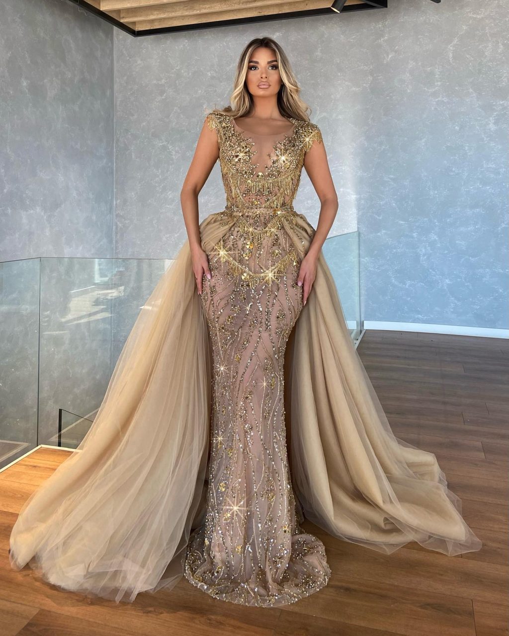 Detachable Train Embroidered Evening Gown