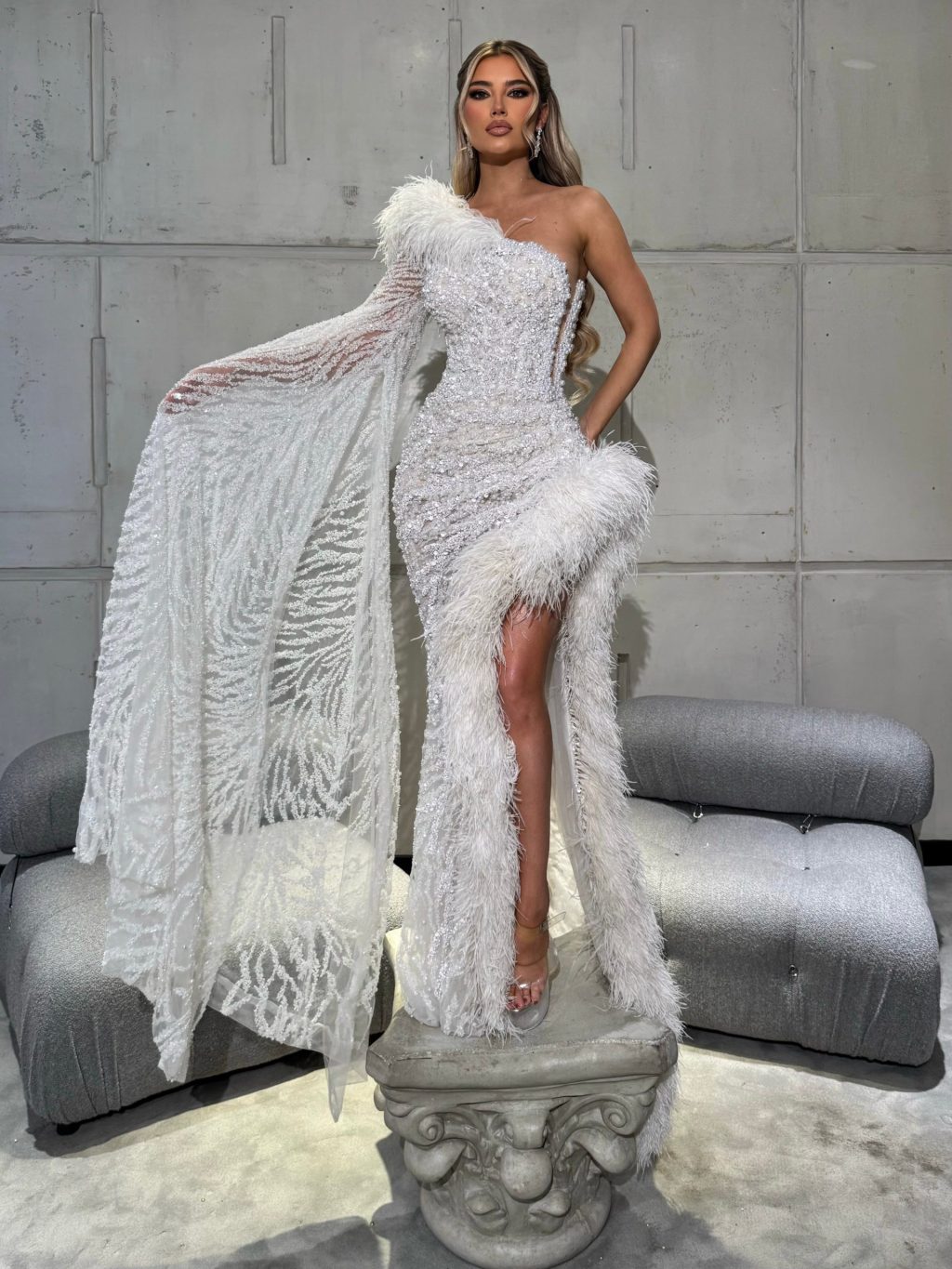 White One Shoulder Dress with Feather Slit and Flowing Cape Sleeve