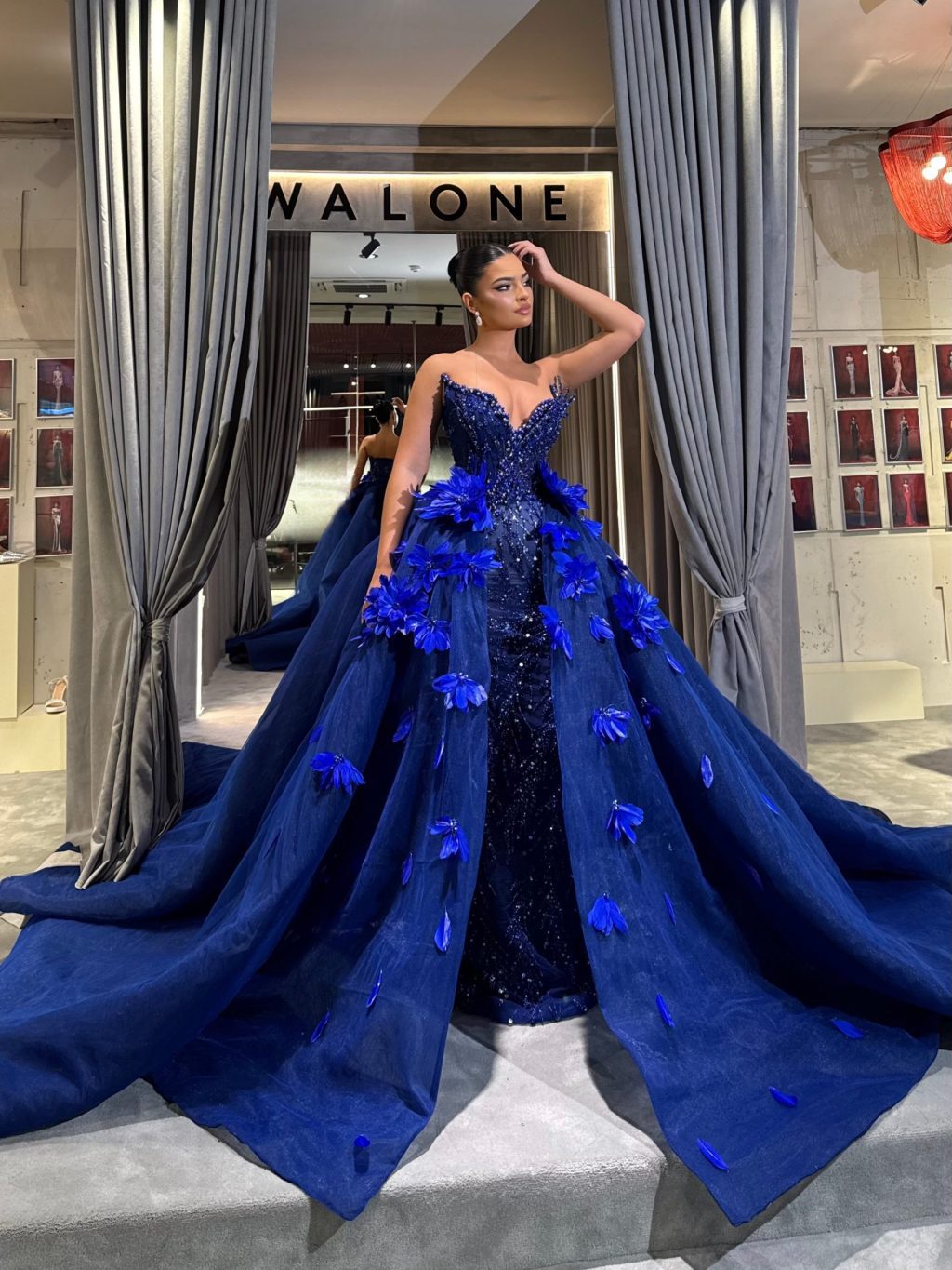 Blue Monarch Beaded Gown with Detachable Overskirt