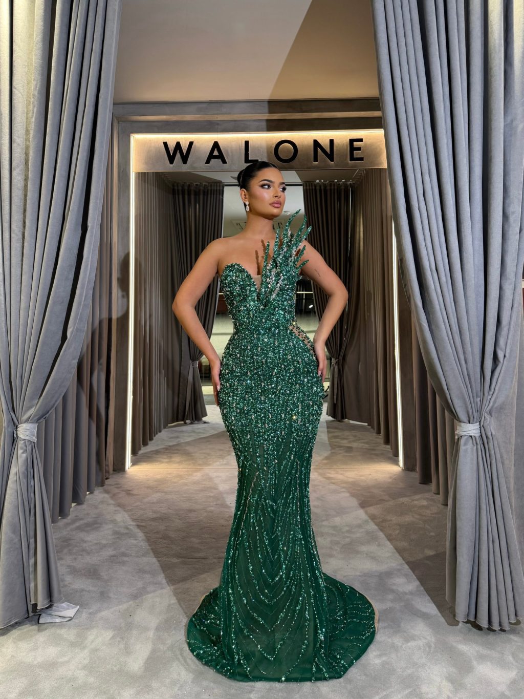 Emerald Asymmetrical Leaf beaded gown