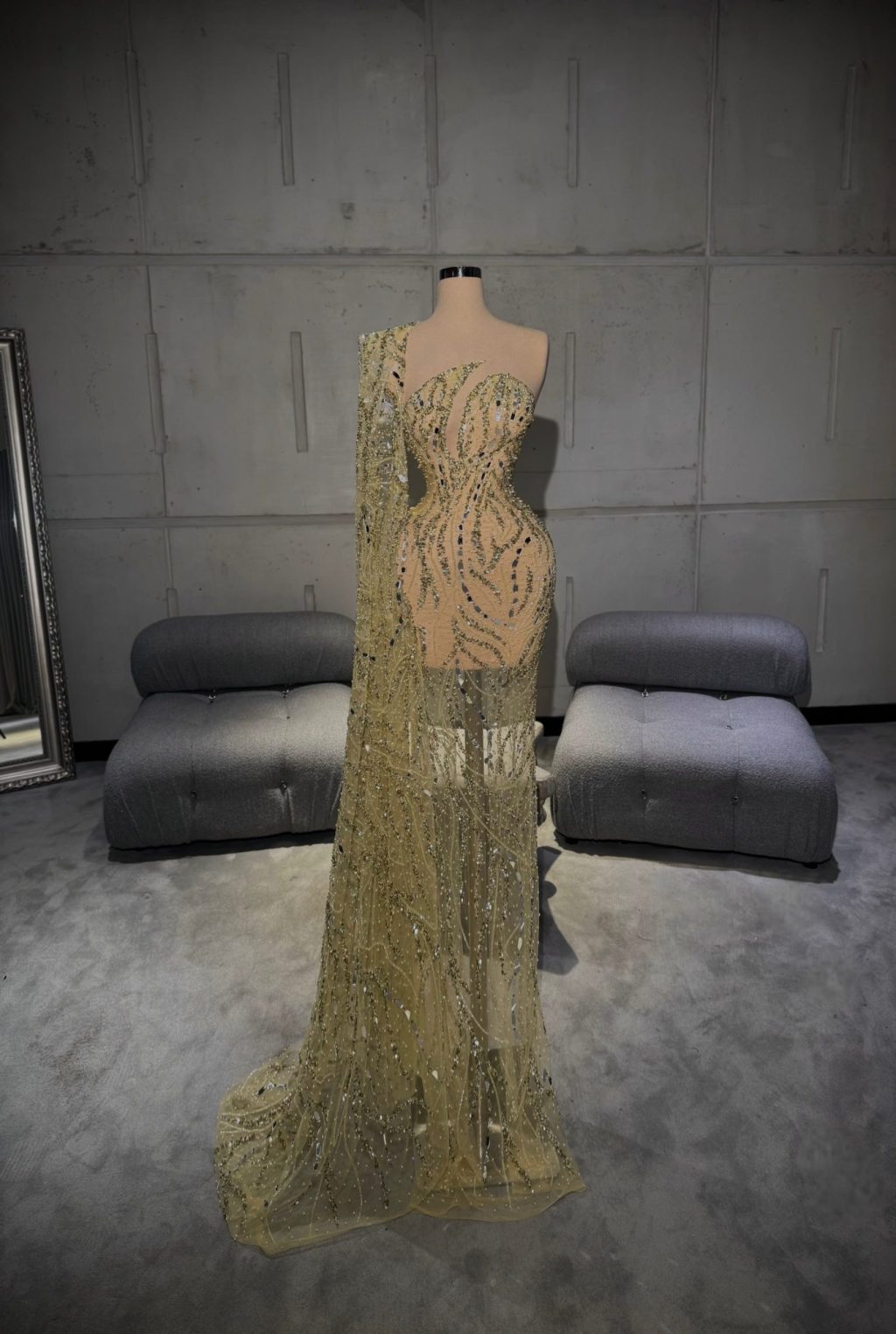 Solenne - Gold Mirror Cape Sleeve Gown