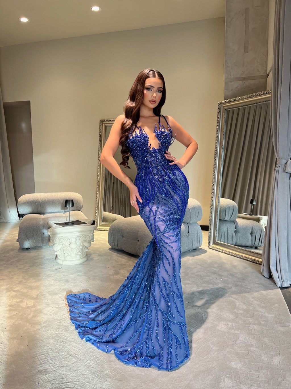 Blue Embroidered Dress with Rhinestones